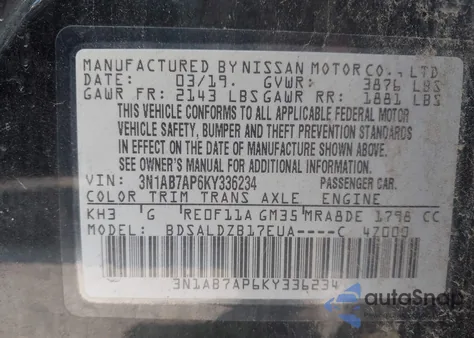 2019 Nissan Sentra Sv from USA, damaged, VIN 3N1AB7AP6KY336234
